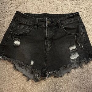 High-Waist Distressed Black Denim Shorts
